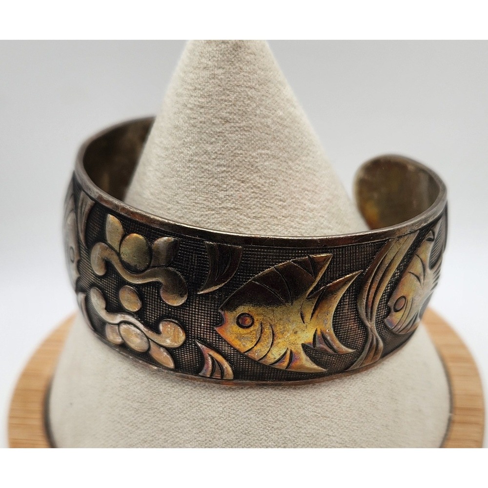 Antique Chinese Wen Yin Fish Wide Cuff Bracelet Fine Silver Engraved/Embossed